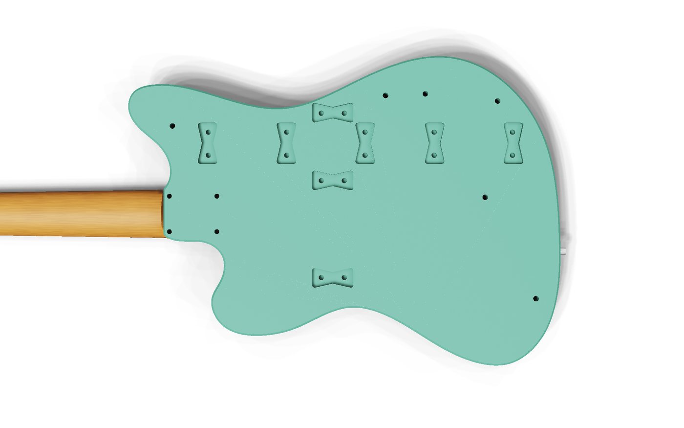 Back of the body showing joint keys, neck bolts and guitar plate push-out holes